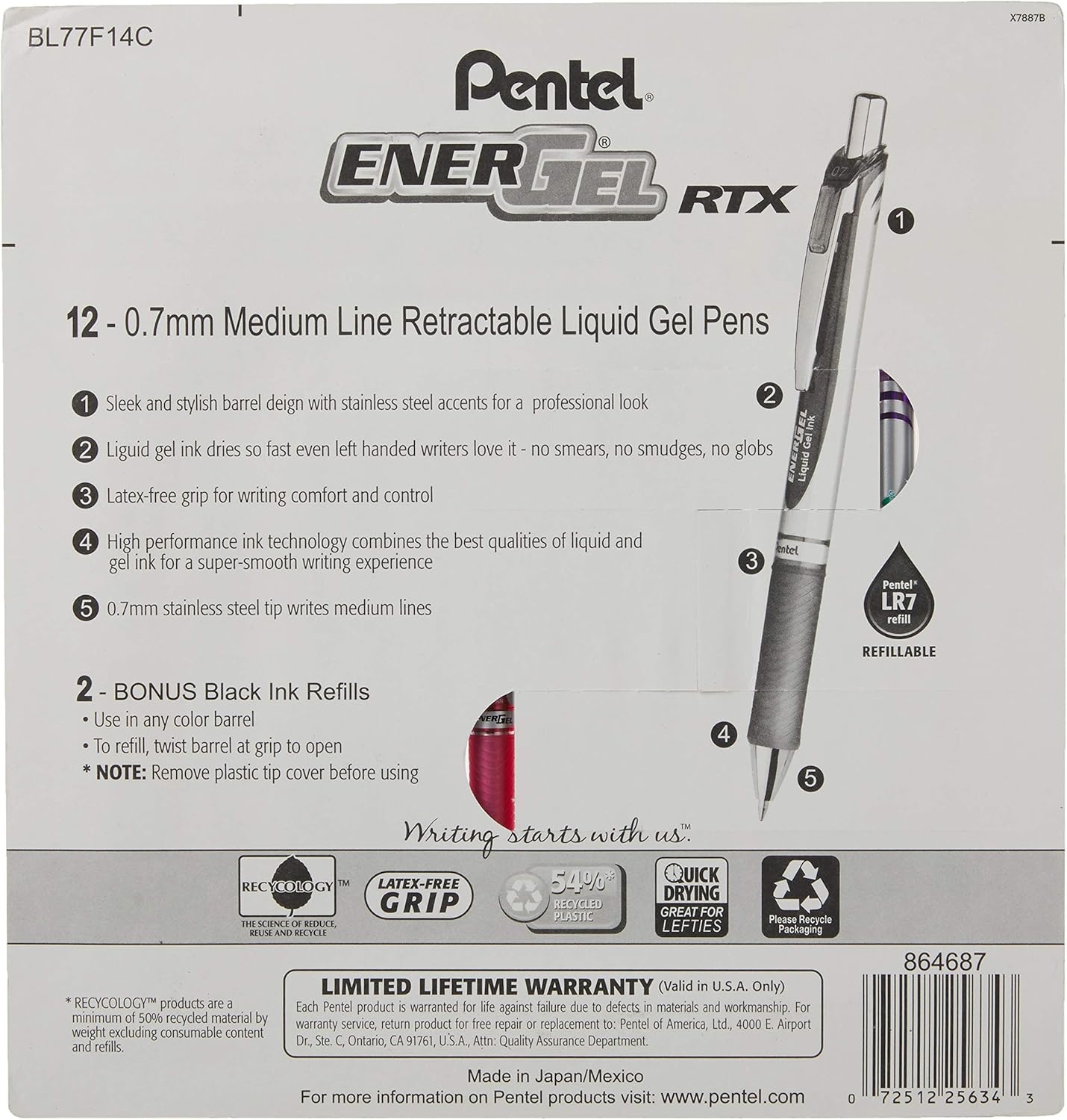 image:imagePentel EnerGel RTX Retractable Metal Tip Pen 07mm 12 Assorted Colors with 2 Refills BL77F14C1 Count Pack of 1