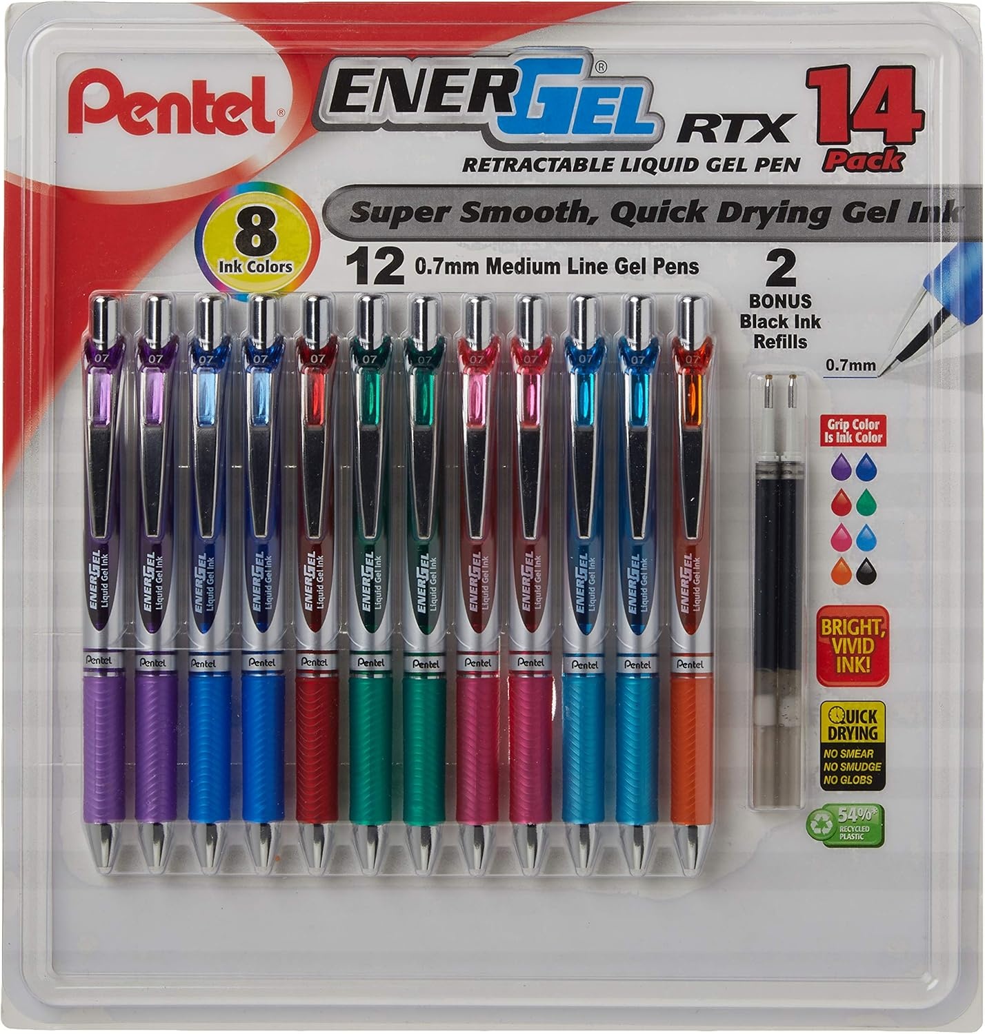 image:imagePentel EnerGel RTX Retractable Metal Tip Pen 07mm 12 Assorted Colors with 2 Refills BL77F14C1 Count Pack of 1