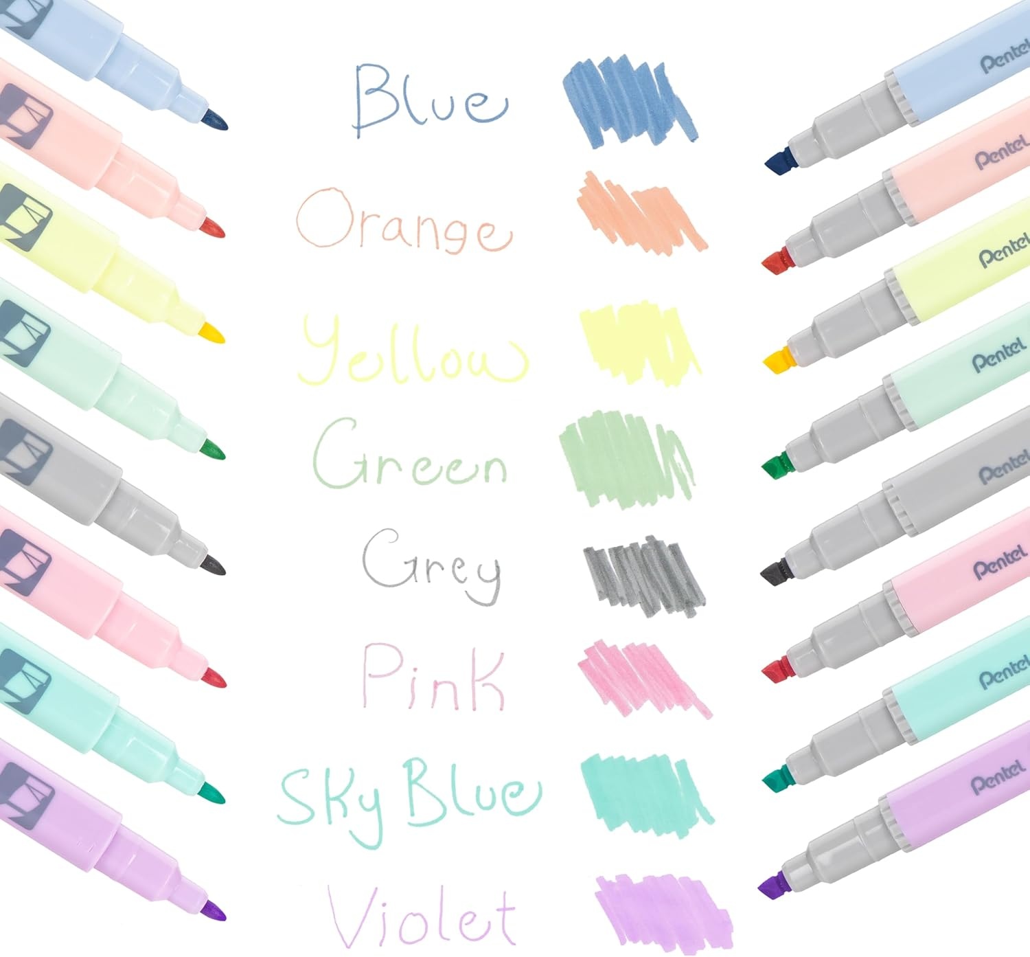 image:imagePentel Illumina Flex Twin Tip Highlighter DualTip Marker Highlighter Flex Tip and Chisel 8 Asstorted Pastel Ink Colors Pack of 8 SLW11P8E