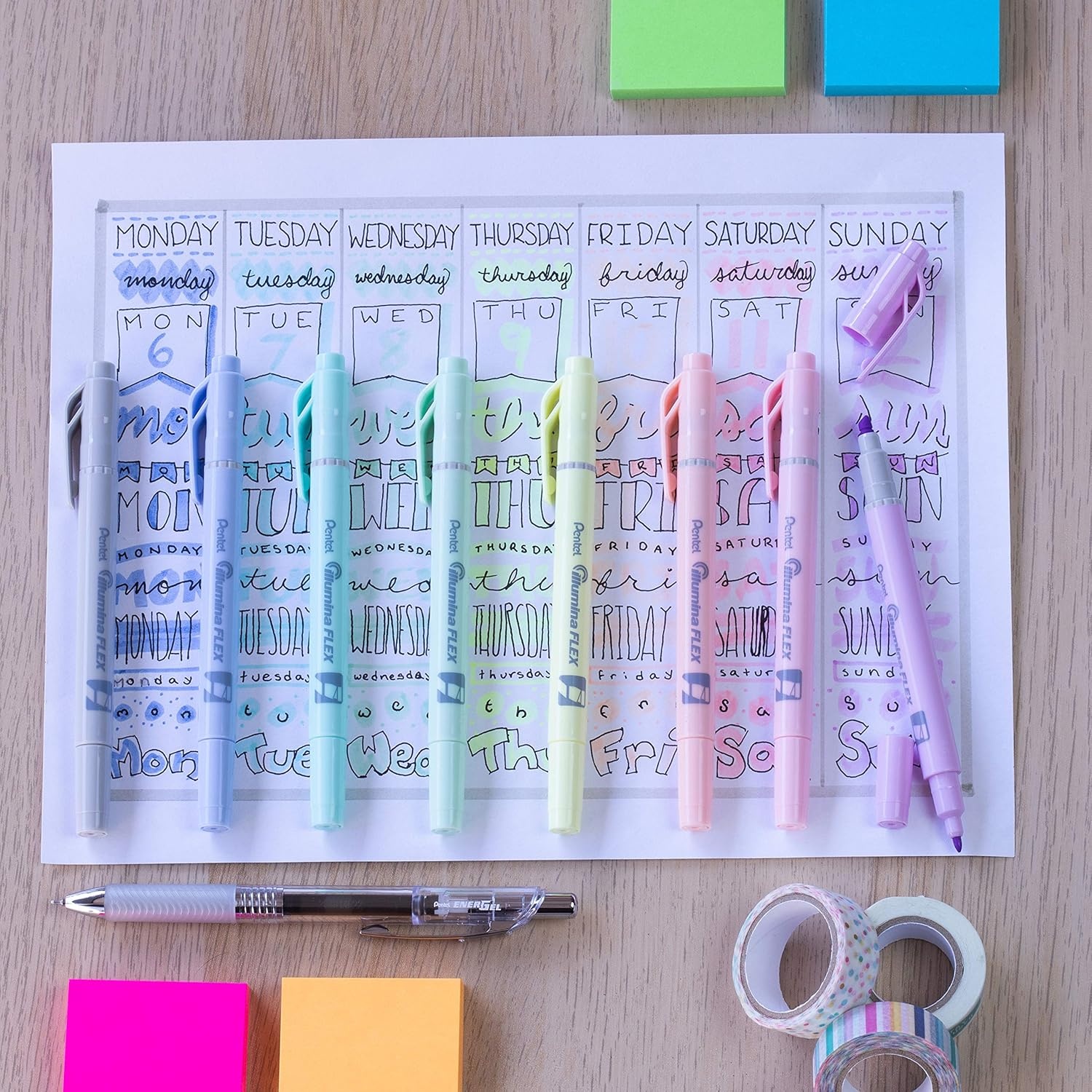 image:imagePentel Illumina Flex Twin Tip Highlighter DualTip Marker Highlighter Flex Tip and Chisel 8 Asstorted Pastel Ink Colors Pack of 8 SLW11P8E