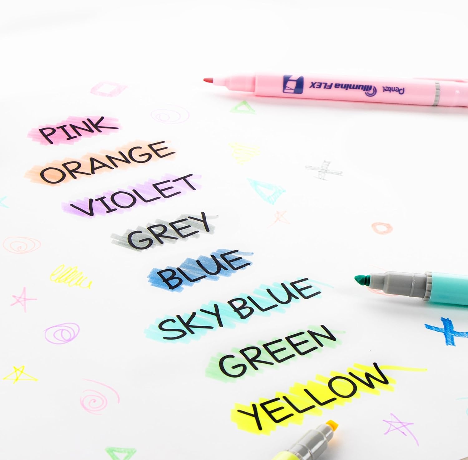 image:imagePentel Illumina Flex Twin Tip Highlighter DualTip Marker Highlighter Flex Tip and Chisel 8 Asstorted Pastel Ink Colors Pack of 8 SLW11P8E