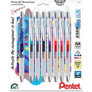image:imagePentel EnerGel Expressions 60th Anniversary Limited Edition Pack ICE Liquid Gel Pens 07mm Medium Line Assorted Ink Colors Pack of 8 BL77TLABP8M
