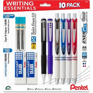 image:imagePentel Writing Essentials 10 pack  4 EnerGel gel pens 2 Twist Erase III 07mm mechanical pencils 2 HiPolymer block erasers and 2 HiPolymer 07mm HB lead