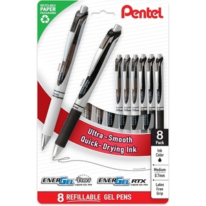 image:imagePentel EnerGel RTX and Pearl Retractable Liquid Gel Pen 07mm Metal Tip Medium Line Black Ink PlasticFree 8Pk BL77PWPF8A