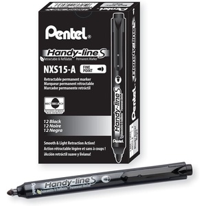 image:imagePentel Handyline S Retractable and Refillable Permanent Marker Bullet Tip Black Barrel Black Ink Box of 12 NXS15ABlack