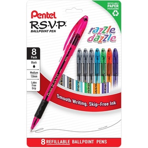 image:imagePentel RSVP Razzle Dazzle Ballpoint Pen 10mm Assorted Barrel Colors Black Ink 8 Pack
