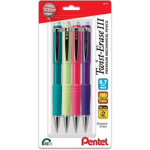 image:imagePentel TwistErase III Mechanical Pencil 07mm Medium Line Assorted Fashion Color Barrels Pack of 4 QE517FBP4M4 Count Pack of 1