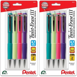 image:imagePentel TwistErase III Mechanical Pencil 07mm Medium Line Assorted Fashion Color Barrels Pack of 4 QE517FBP4M4 Count Pack of 2